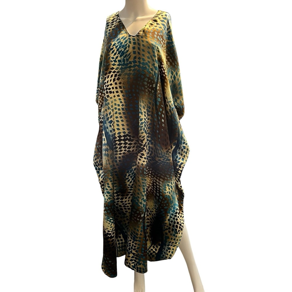 Winlar Kafton Brown Gold Satin Mumu One Size Lounge Comfort Oversizedโ Maxi Midi